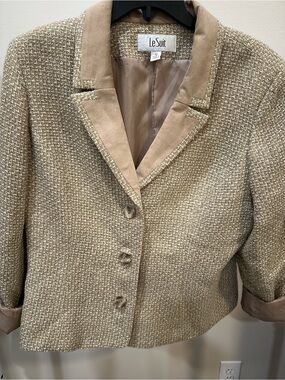 Le Suit Tan & Beige Tweed Cropped Blazer and Skirt